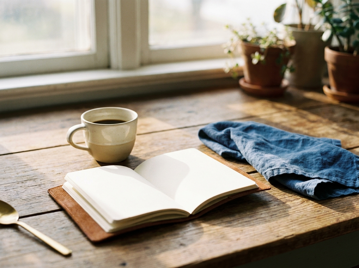 A mug of coffee and a folded newspaper on a kitchen table in morning light