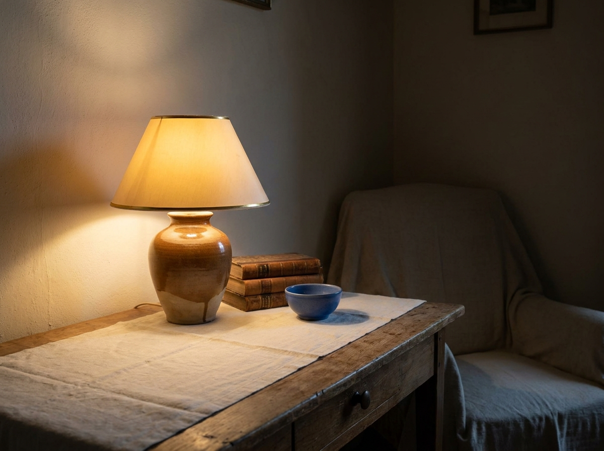 A small table lamp casting warm light in a dim room