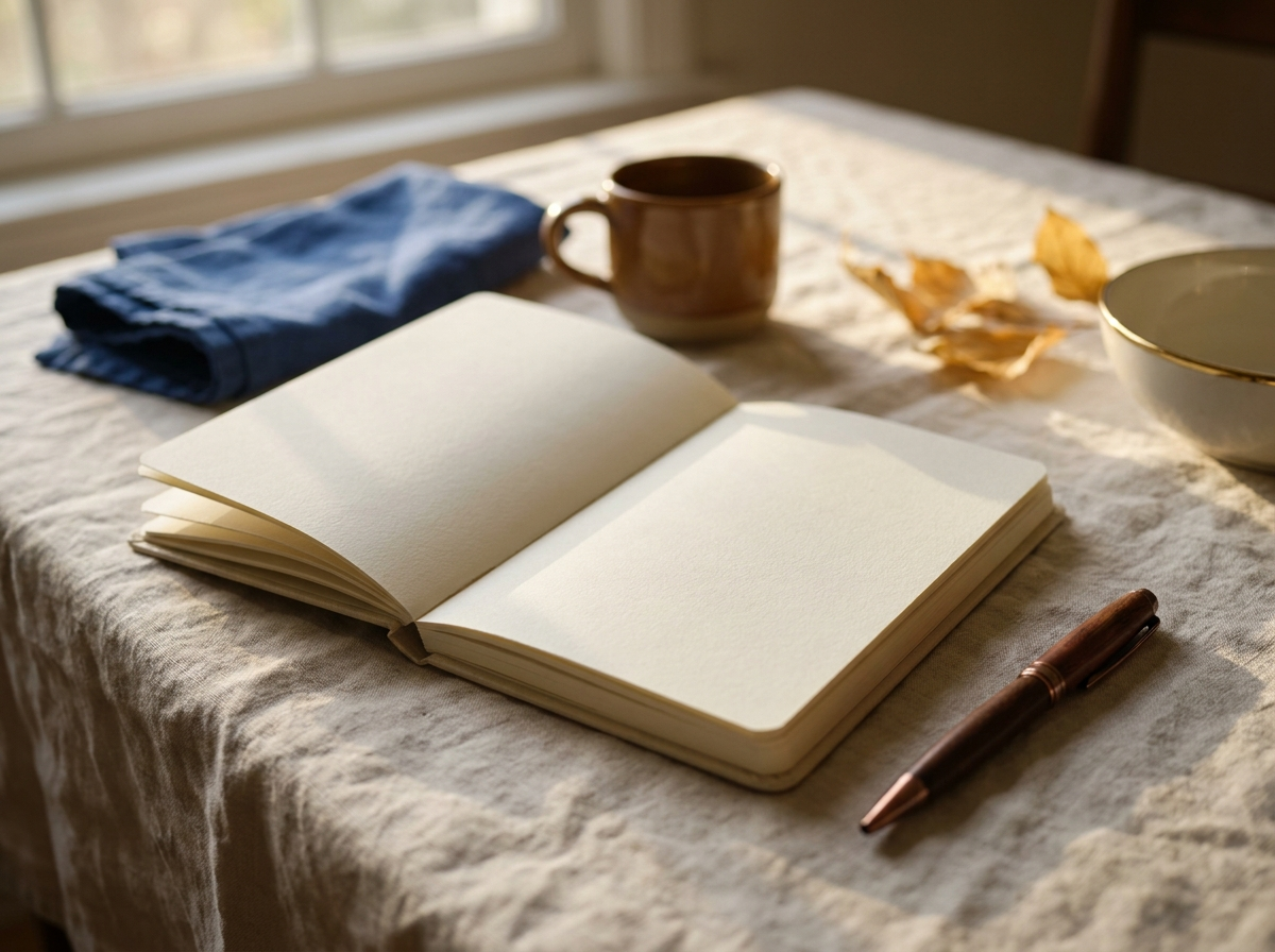 An open notebook and a pen resting on a wooden surface