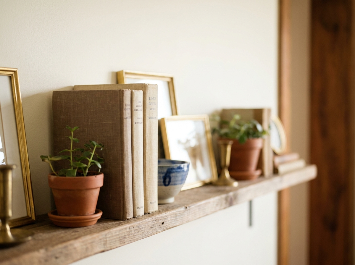 A simple wooden shelf holding books and a houseplant