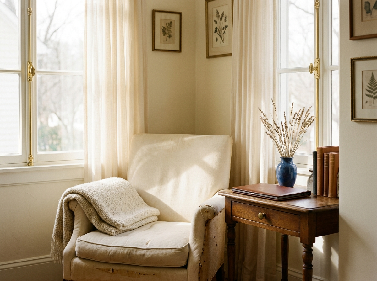 A quiet corner of a room with an armchair by a window and a closed laptop on a side table